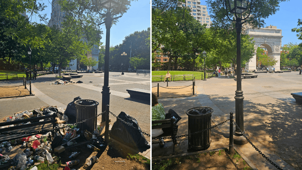 Before and after series in Washington Square Park. The left side has garbage and the right side is cleaned up.