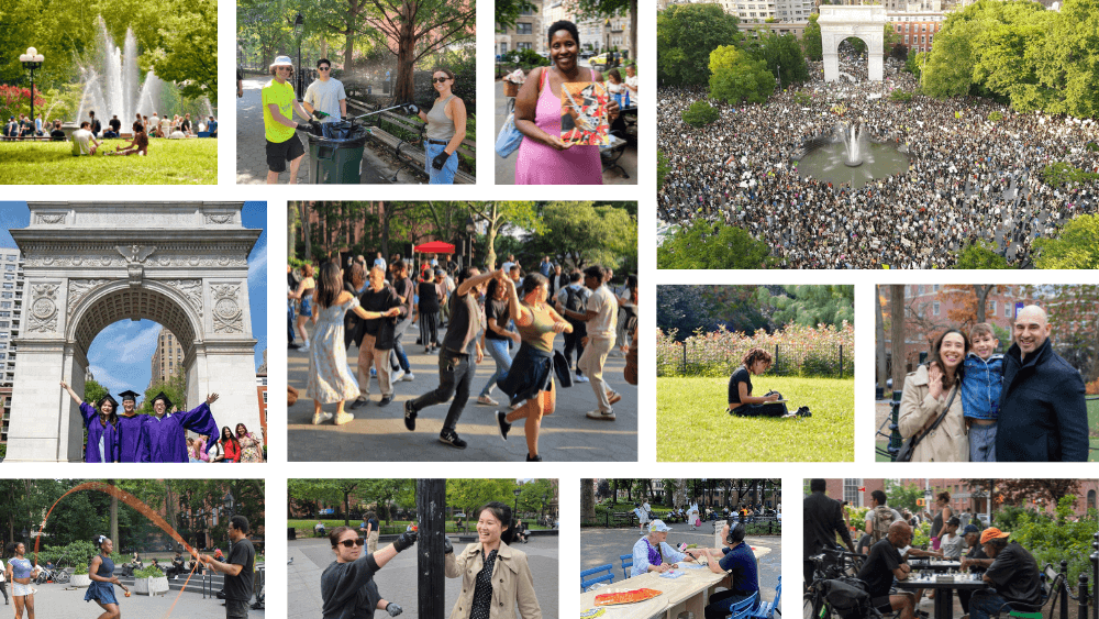 A collage of many people using Washington Square Park in a variety of different ways.